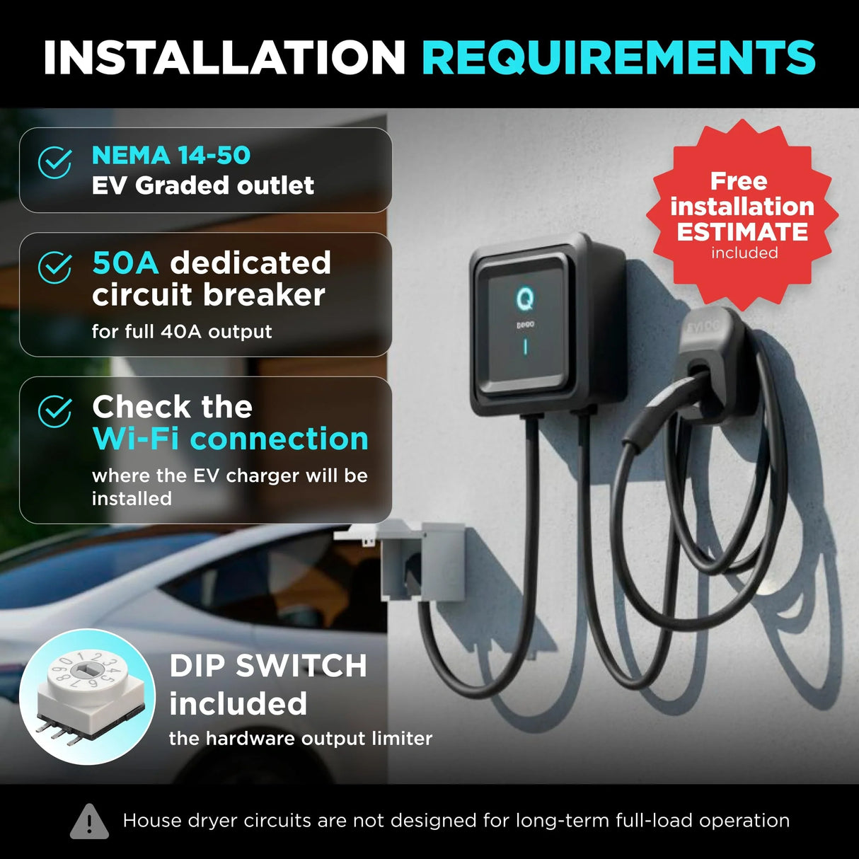 EVIQO NACS Level 2 EV Charger, 40A (9.6kW), 240V, NEMA 14-50 Plug In, for Tesla EVs